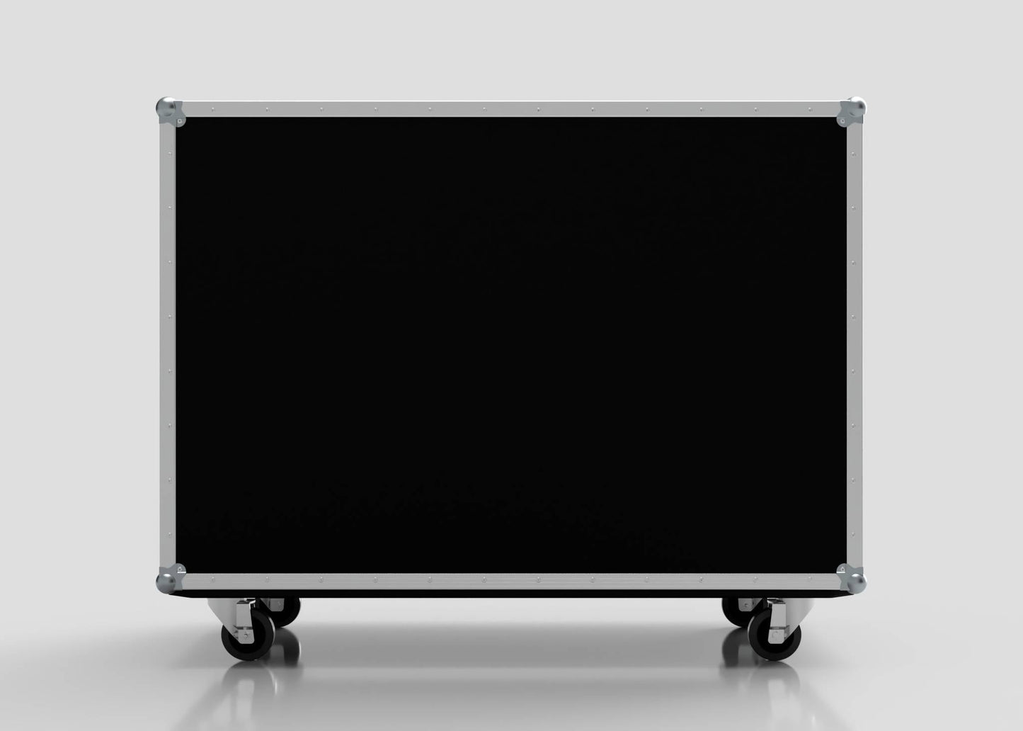 The 15 Way Euro Crate Case is a large rectangular black road case with metal edges and corners, high load capacity, and four caster wheels, shown against a plain white background.