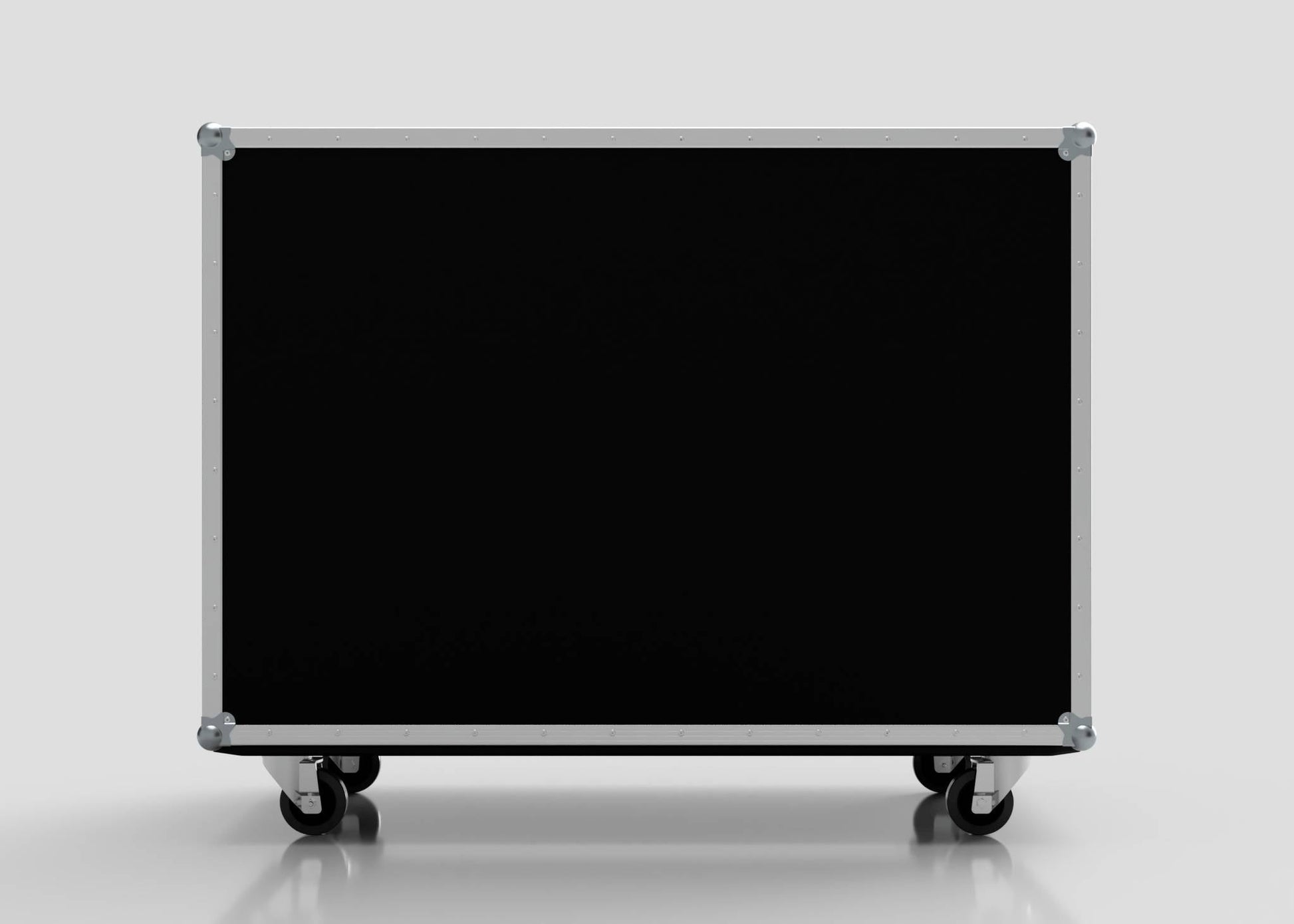 The 15 Way Euro Crate Case is a large rectangular black road case with metal edges and corners, high load capacity, and four caster wheels, shown against a plain white background.