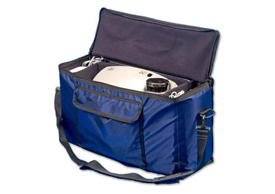 A blue carrying bag with a projector and cables inside, featuring a shoulder strap and an open top flap.