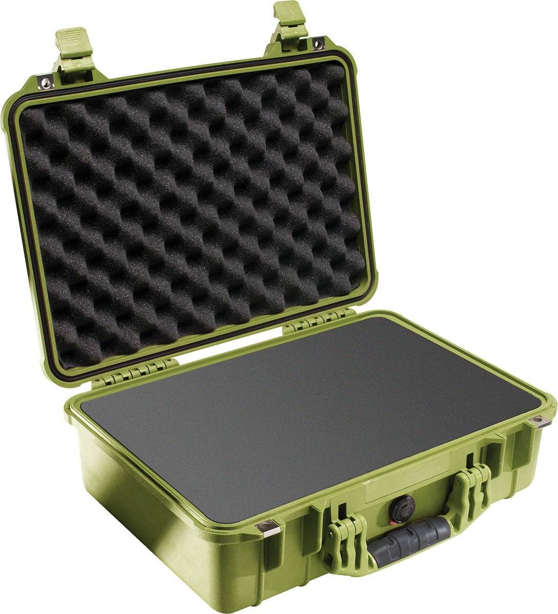 The green 1500EU Protector Case features a hard shell, open lid with egg crate foam, black front handle, and provides watertight, durable protection for your valuables.