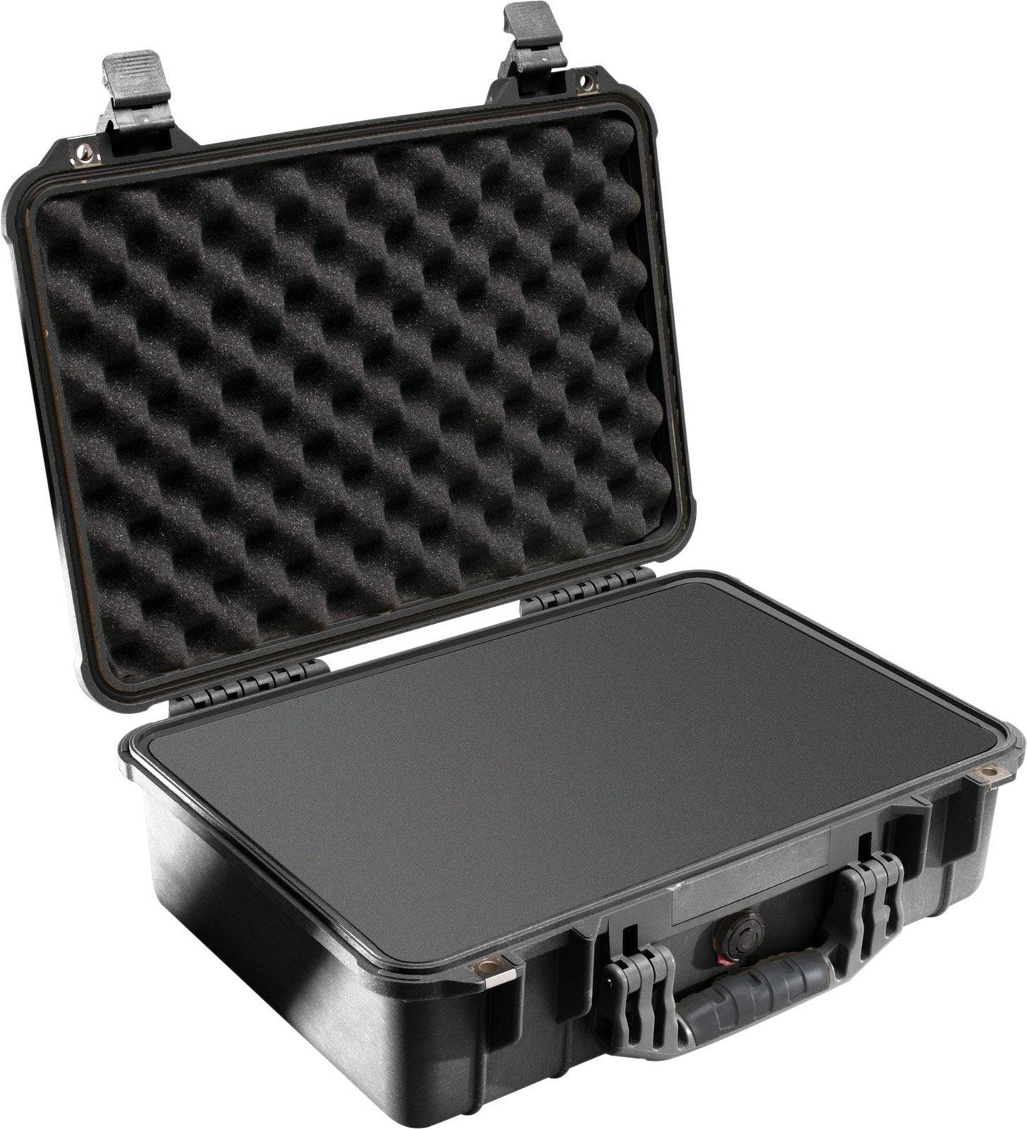 The 1500EU Protector Case features a black hard shell, open lid with egg-crate foam padding, and a sturdy front handle, making it an ideal choice for protective equipment storage.