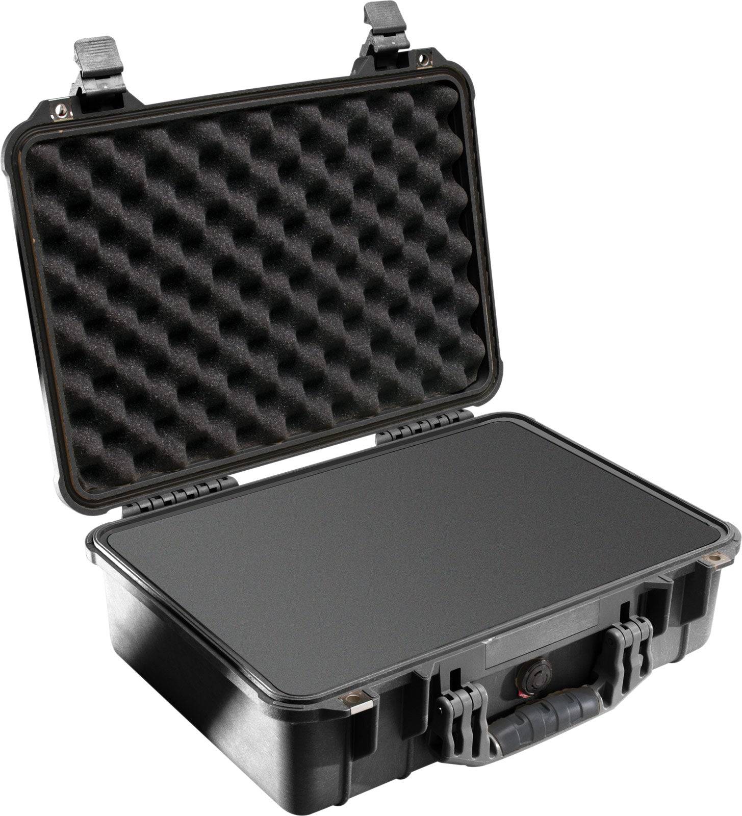 The 1500EU Protector Case features a black hard shell, open lid with egg-crate foam padding, and a sturdy front handle, making it an ideal choice for protective equipment storage.