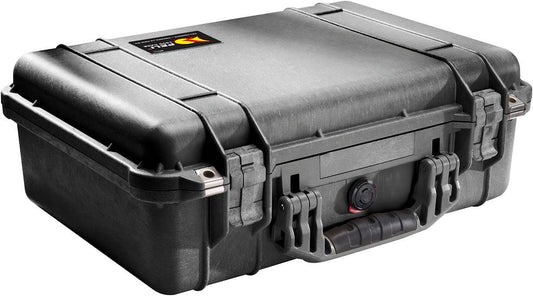 The 1500EU Protector Case is a black, hard-shell PELI case with secure latches, a front handle, and a small top-corner label—perfect as a watertight solution for protecting your equipment.