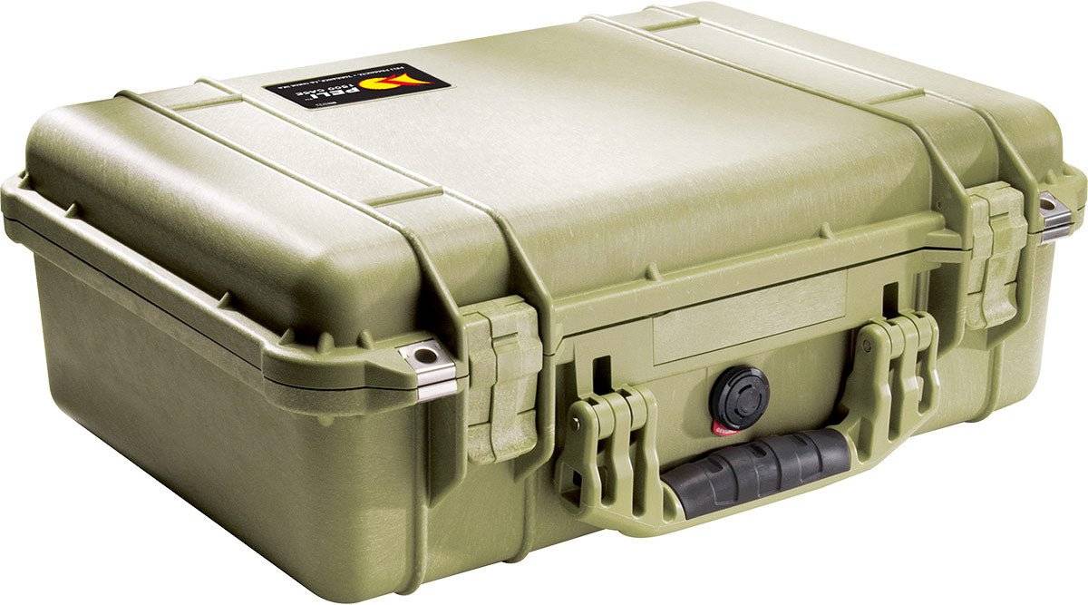 The 1500EU Protector Case is a sturdy olive green case with secure latches, a black handle, and a small top-corner label—ideal as a reliable watertight case for all your protective equipment needs.