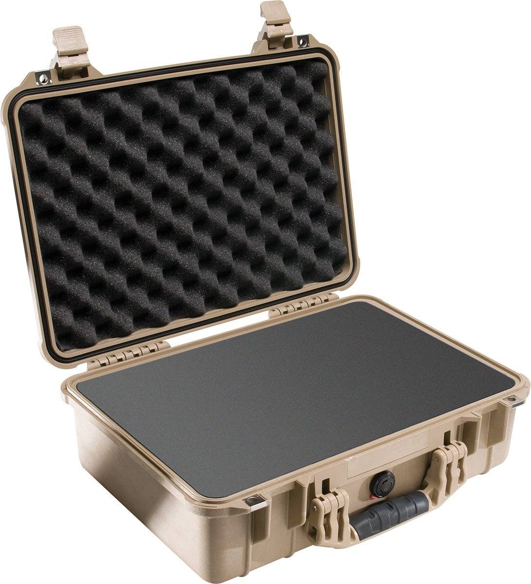 The 1500EU Protector Case is an open beige PELI case with egg-crate foam in the lid and flat foam in the base, designed to be watertight and ideal for safely storing or transporting sensitive equipment.