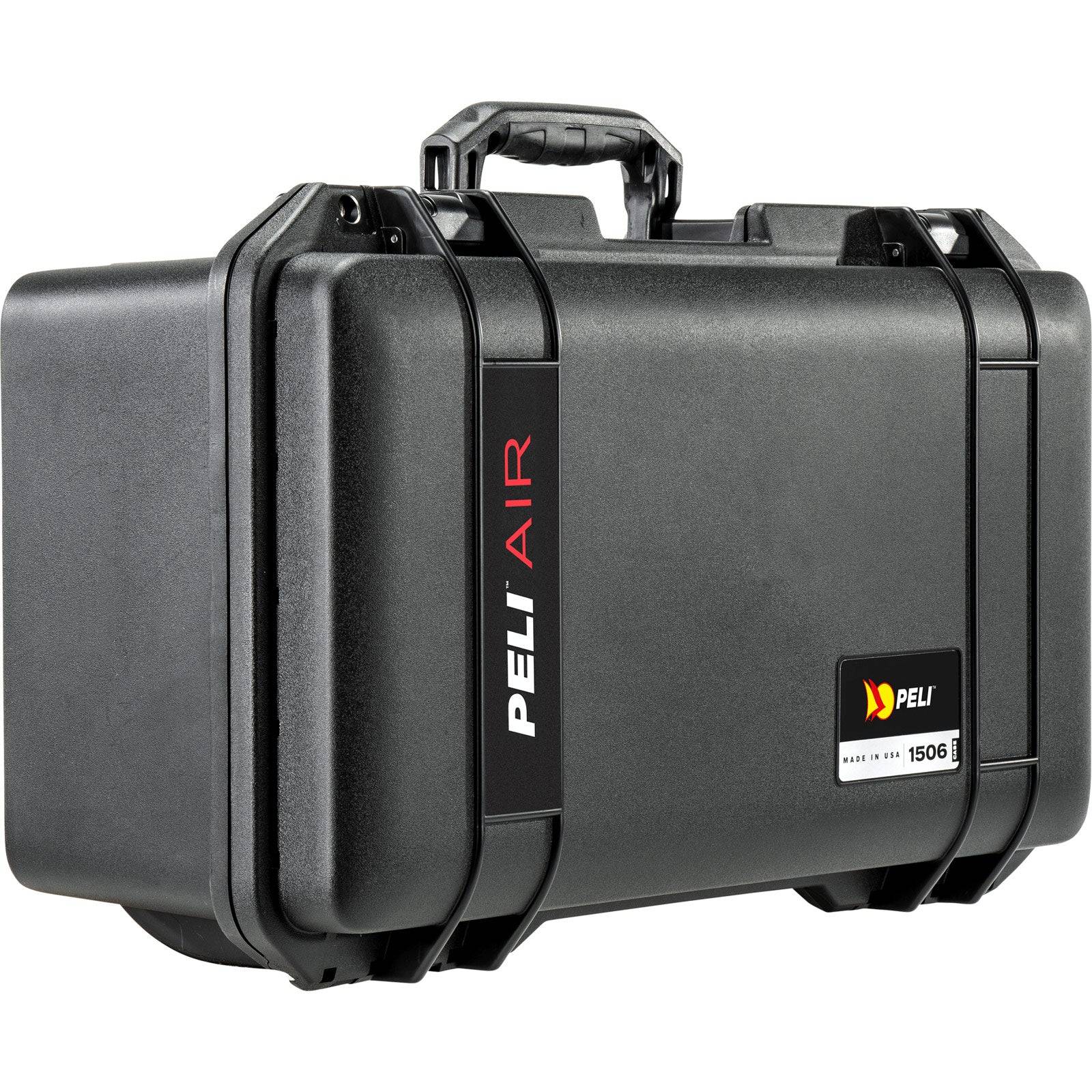 A black 1506 Air Case from PELI’s Air Long/Deep Series; lightweight with a handle, secure latches, and branded labels on the side and front.