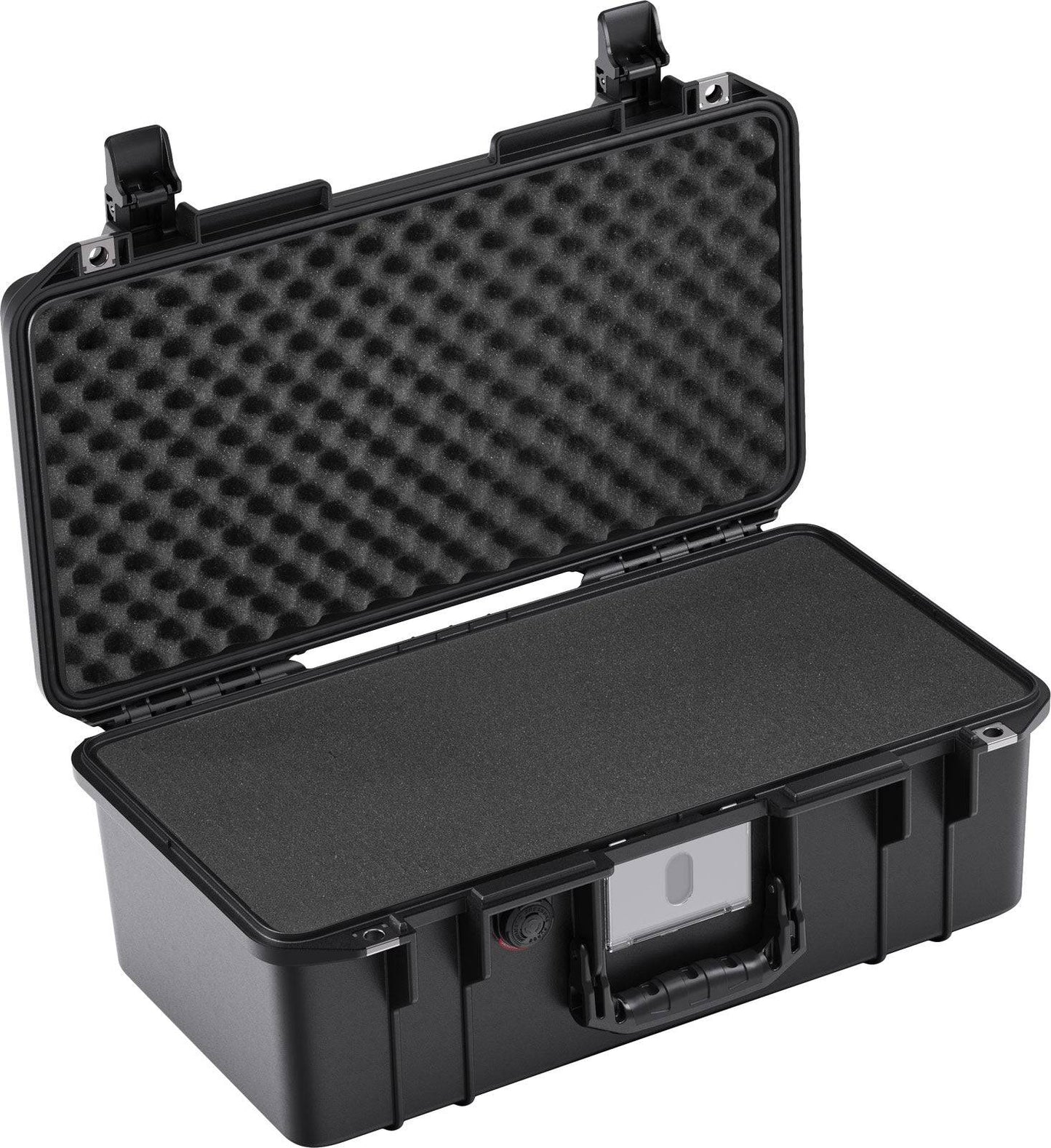 The 1506 Air Case features a black hard-shell design, open lid, interior foam padding, and secure latches. Waterproof and lightweight, it’s perfect for keeping your gear safe and dry in the PELI Air Long/Deep Series.