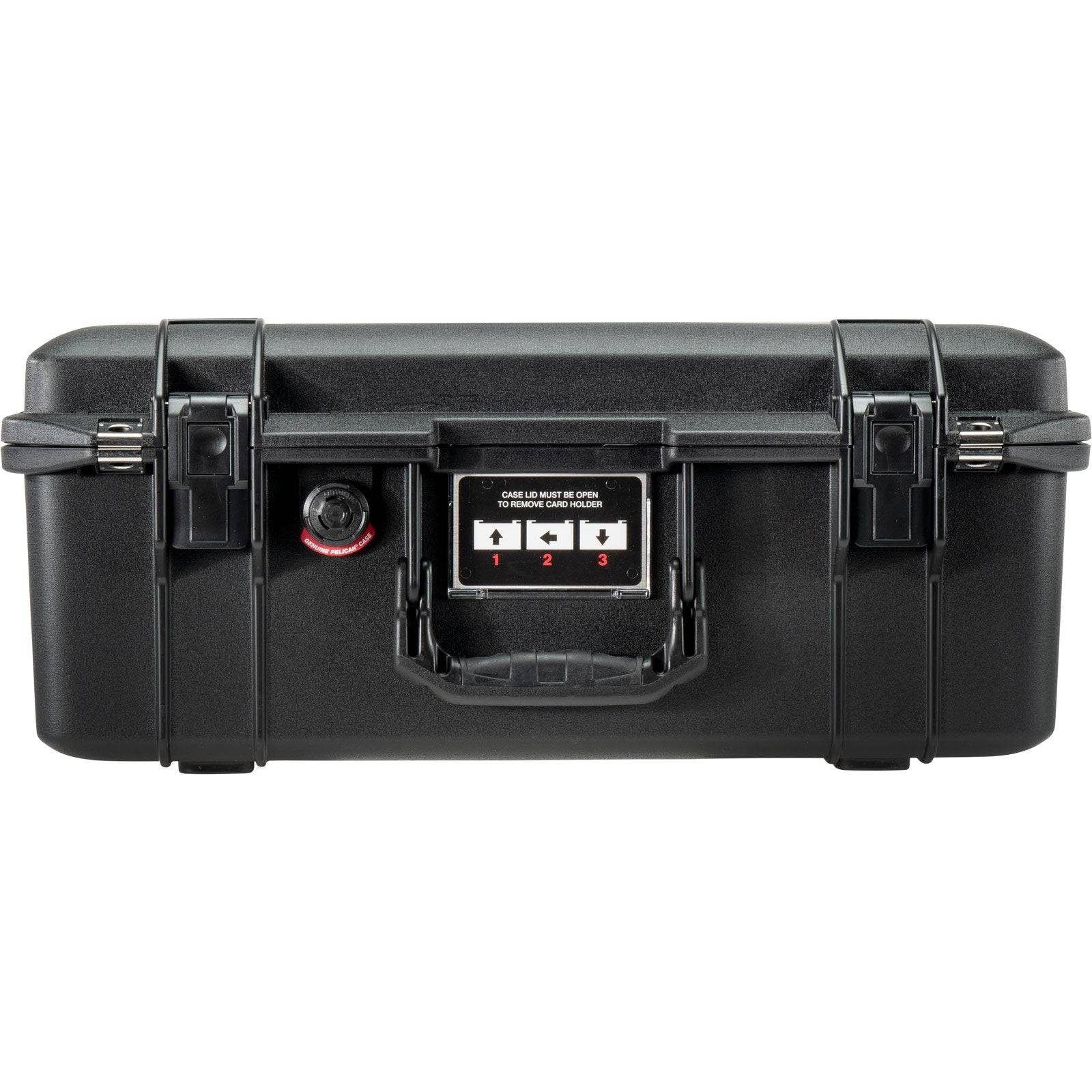 The 1506 Air Case is a black, lightweight protective case with a handle, two latches, and a front combination lock. Part of the PELI Air Long/Deep Series, it's waterproof to keep your valuables safe and dry.