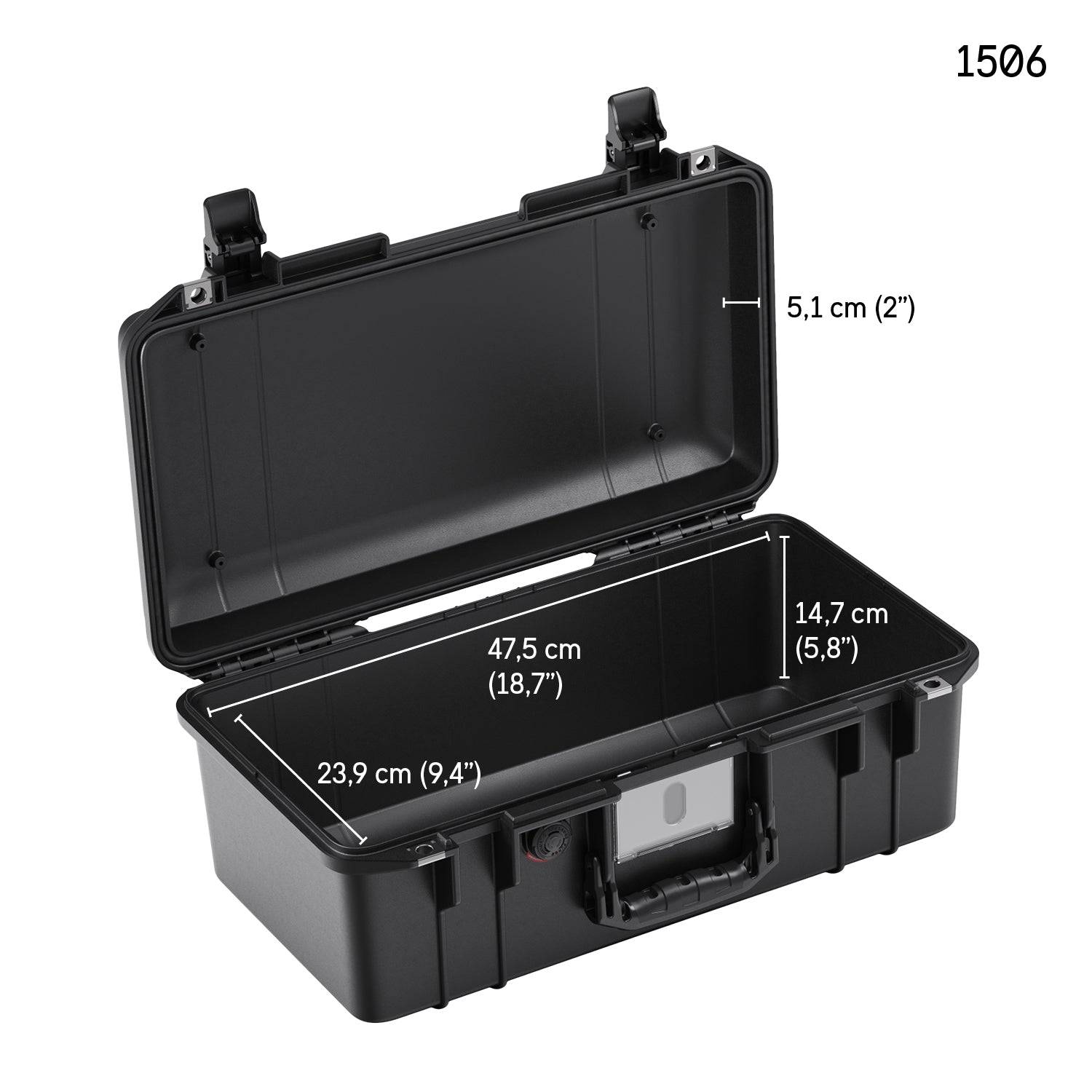 Open black 1506 Air Case from the PELI Air Long/Deep Series with latches, featuring internal dimensions of 47.5 x 23.9 x 14.7 cm and a lid depth of 5.1 cm. Model number 1506 appears in the corner.