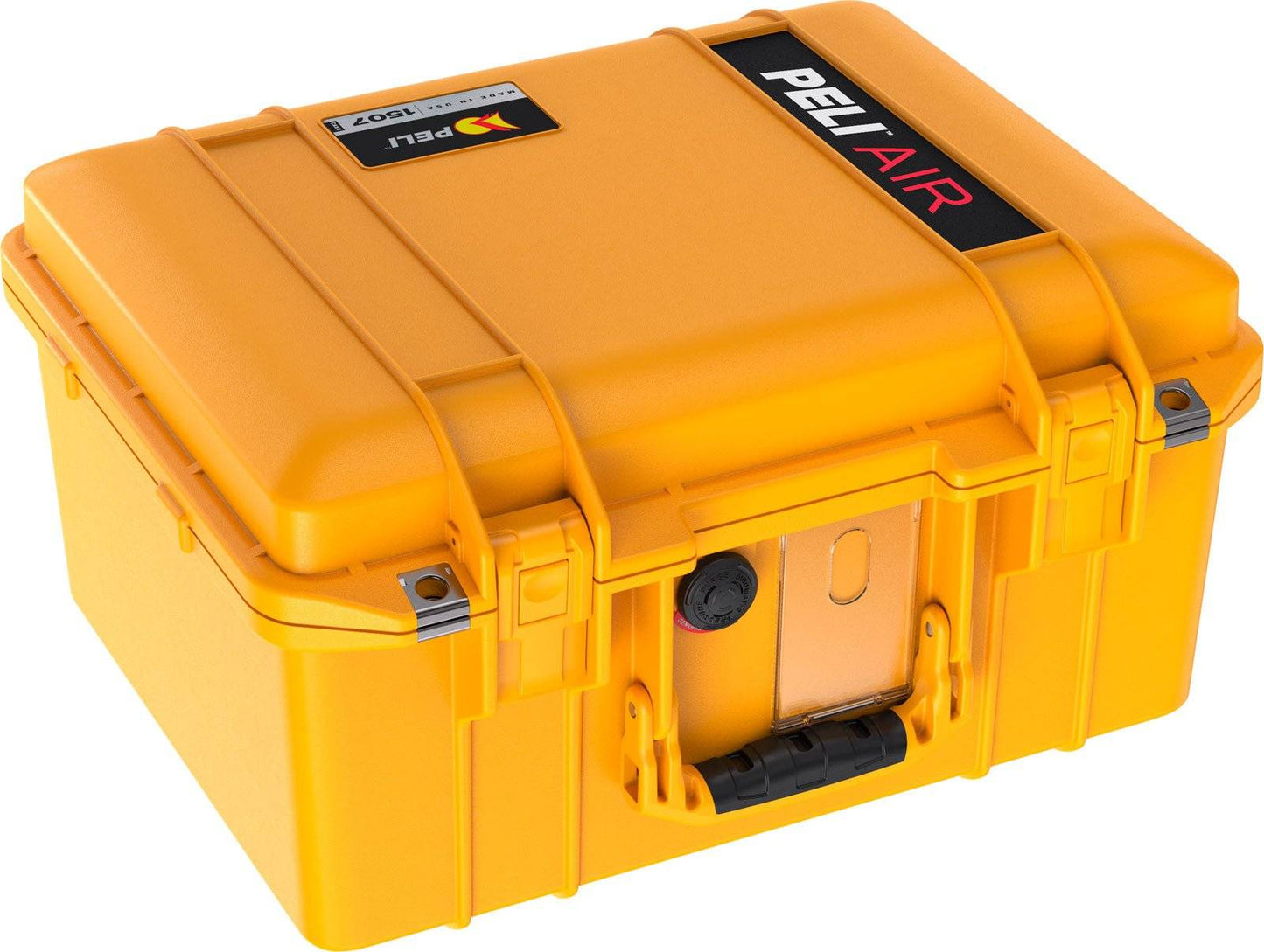 The 1507 Air Case is a closed yellow PELI case with a black handle, black latches, and labels on the lid, designed as a waterproof protective case for secure storage and transport.