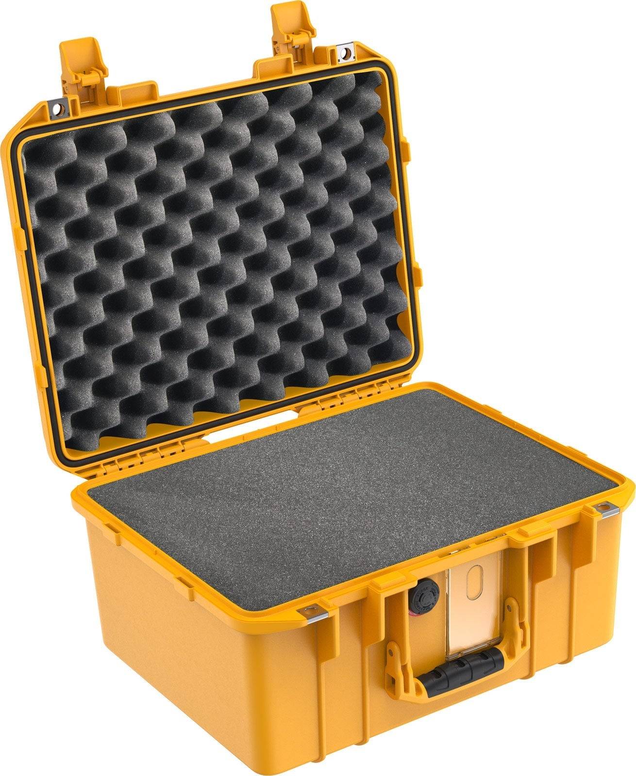 The 1507 Air Case is shown open in yellow, featuring black egg crate foam in the lid and flat foam in the base—an ideal waterproof protective solution for your gear.