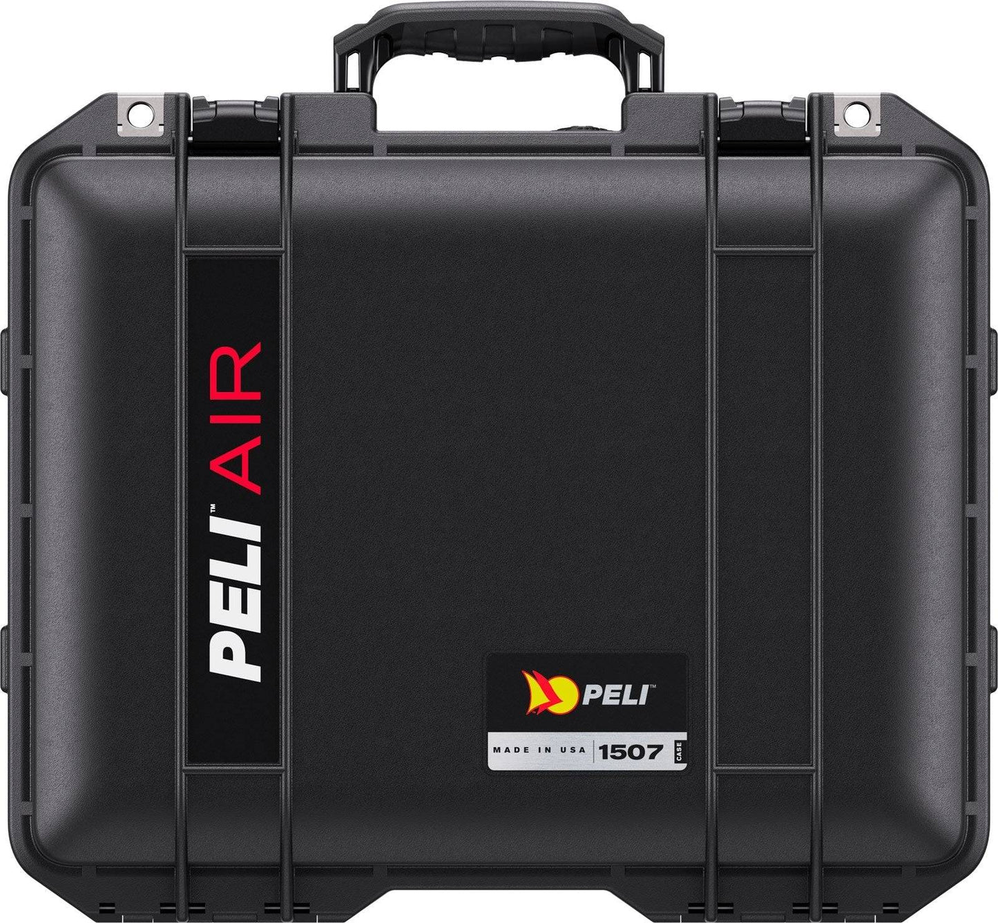 The 1507 Air Case is a black, waterproof Peli hard case made in the USA, featuring a handle, latch locks, and white and red front branding—ideal for custom foam fittings.