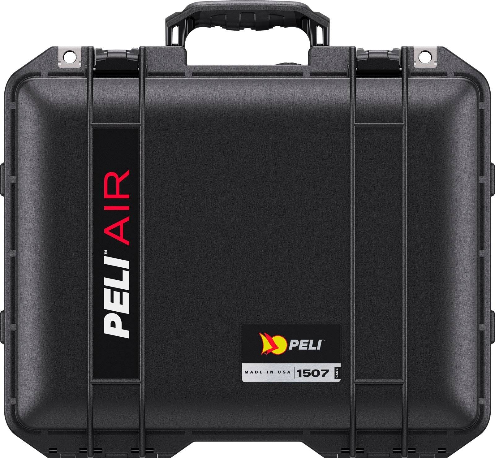 The 1507 Air Case is a black, waterproof Peli hard case made in the USA, featuring a handle, latch locks, and white and red front branding—ideal for custom foam fittings.