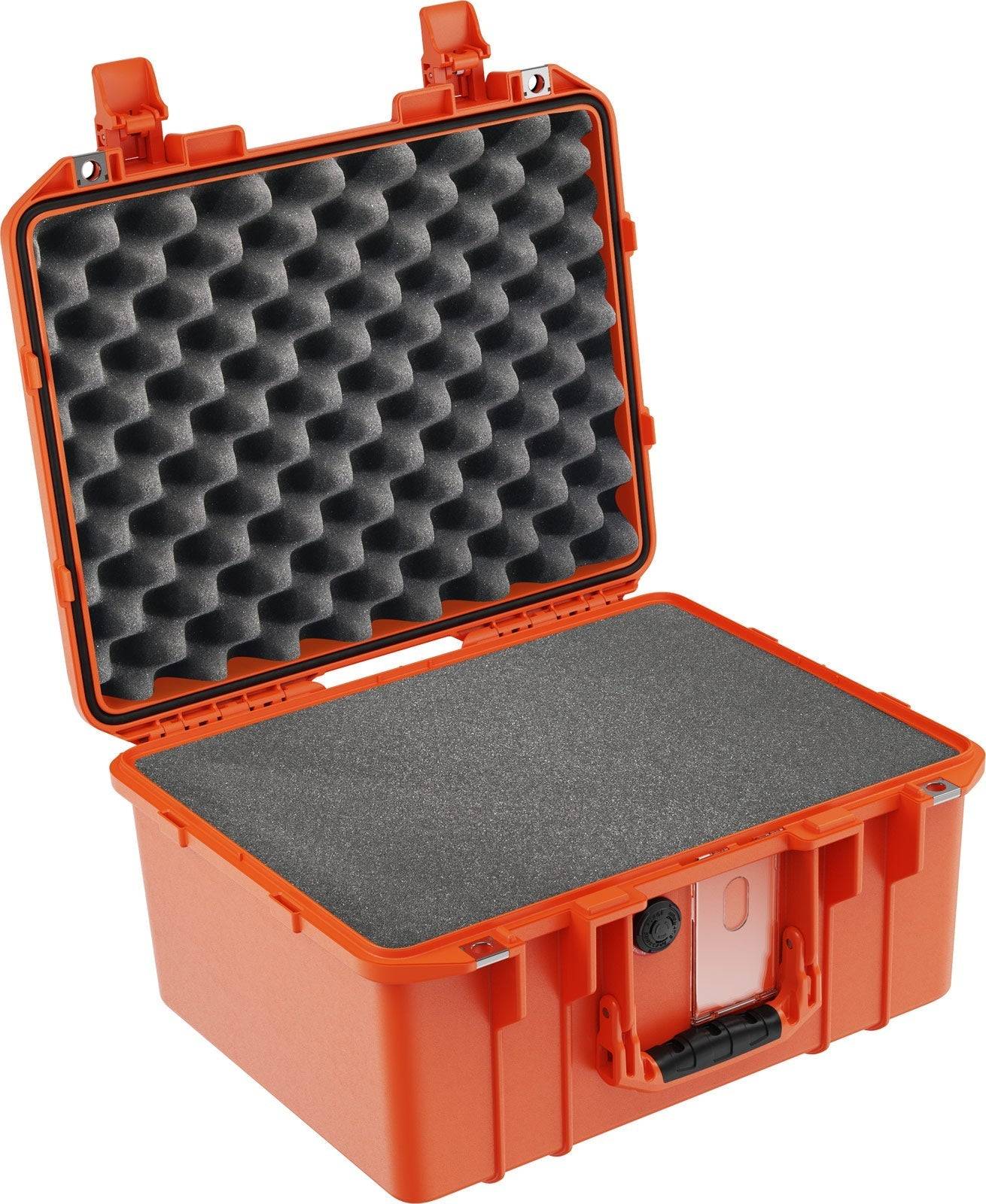 The 1507 Air Case is an open orange waterproof case with black custom foam inside, designed to protect equipment during transport.