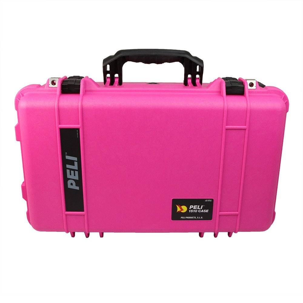 The 1510 Protector Carry-On Case is a pink hard-shell case with a black handle and two latches, shown closed on a white background. It offers military-grade protection and meets maximum airline carry-on size requirements.