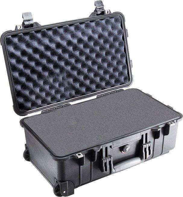 The 1510 Protector Carry-On Case is a black hard-shell case with foam padding, handle, latches, and wheels. It offers military-grade protection and is designed to meet maximum airline carry-on size requirements. Lid is shown open.