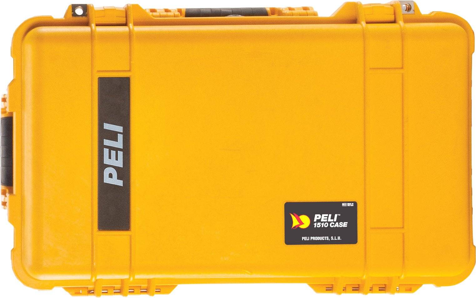 The yellow 1510 Protector Carry-On Case, featuring black handles and two labels (Peli logo and model name), delivers military-grade protection in a maximum airline carry-on size.