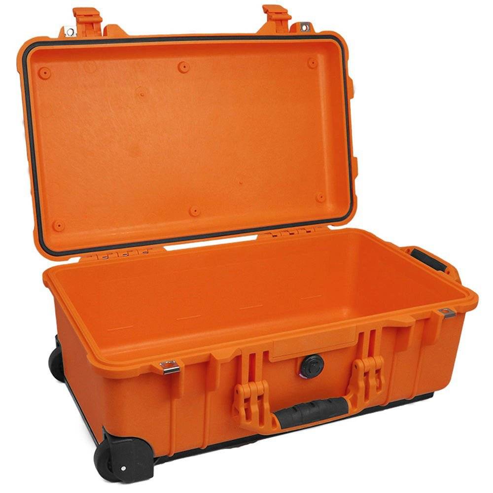 An open, empty orange 1510 Protector Carry-On Case with wheels and latches, designed for military-grade protection, is displayed on a white background.