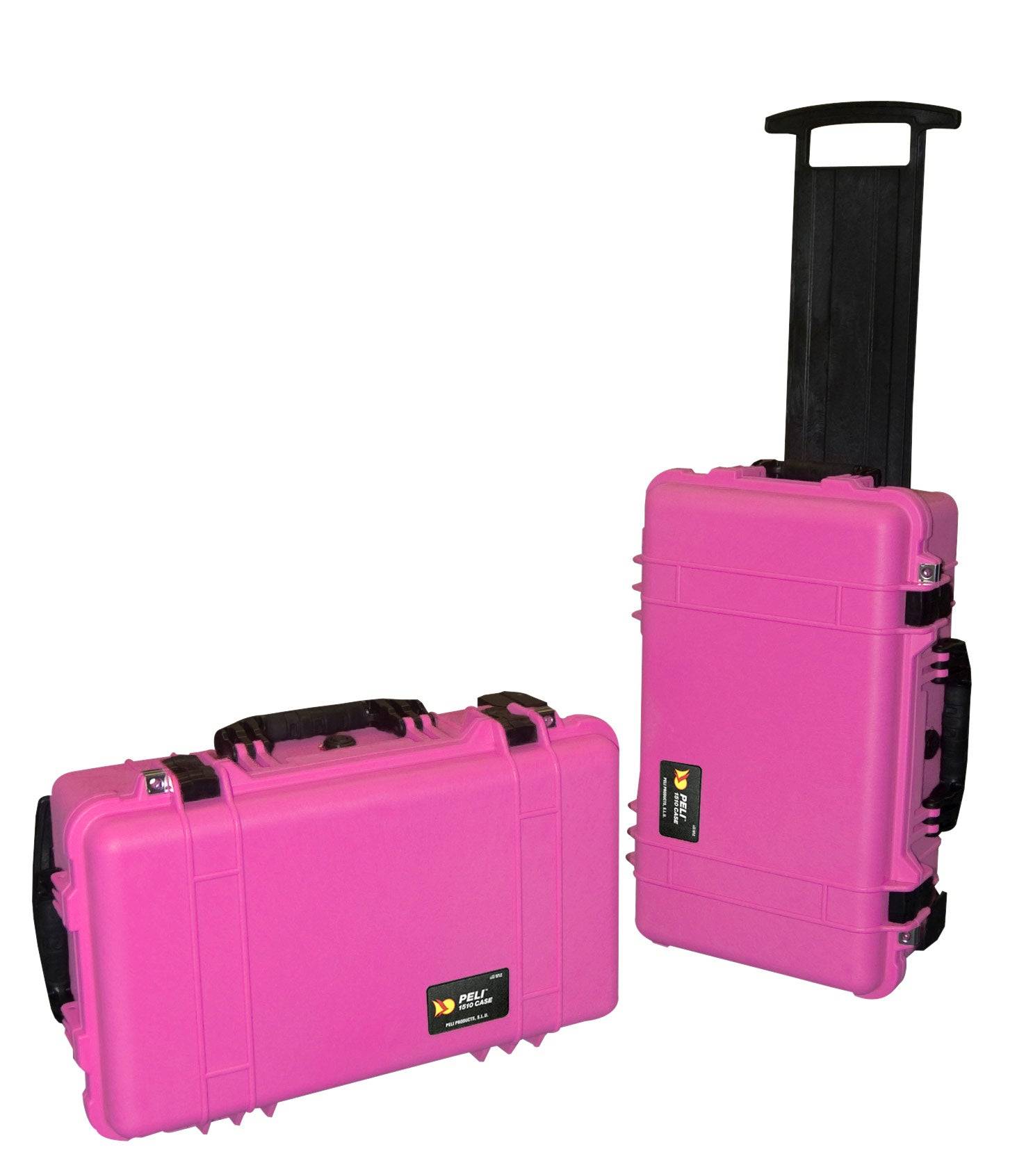 Two bright pink 1510 Protector Carry-On Cases, one upright with handle extended and one lying flat, are shown—both offering military-grade protection in a case sized for maximum airline carry-on compliance.