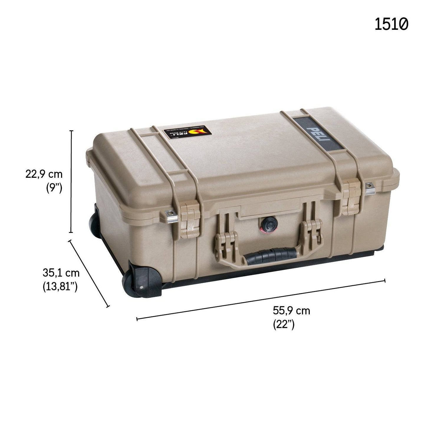 The 1510 Protector Carry-On Case is a beige hard-shell rolling case with latches and handle, offering military-grade protection. Dimensions: 22.9 cm high, 35.1 cm deep, 55.9 cm wide—meets maximum airline carry-on size.