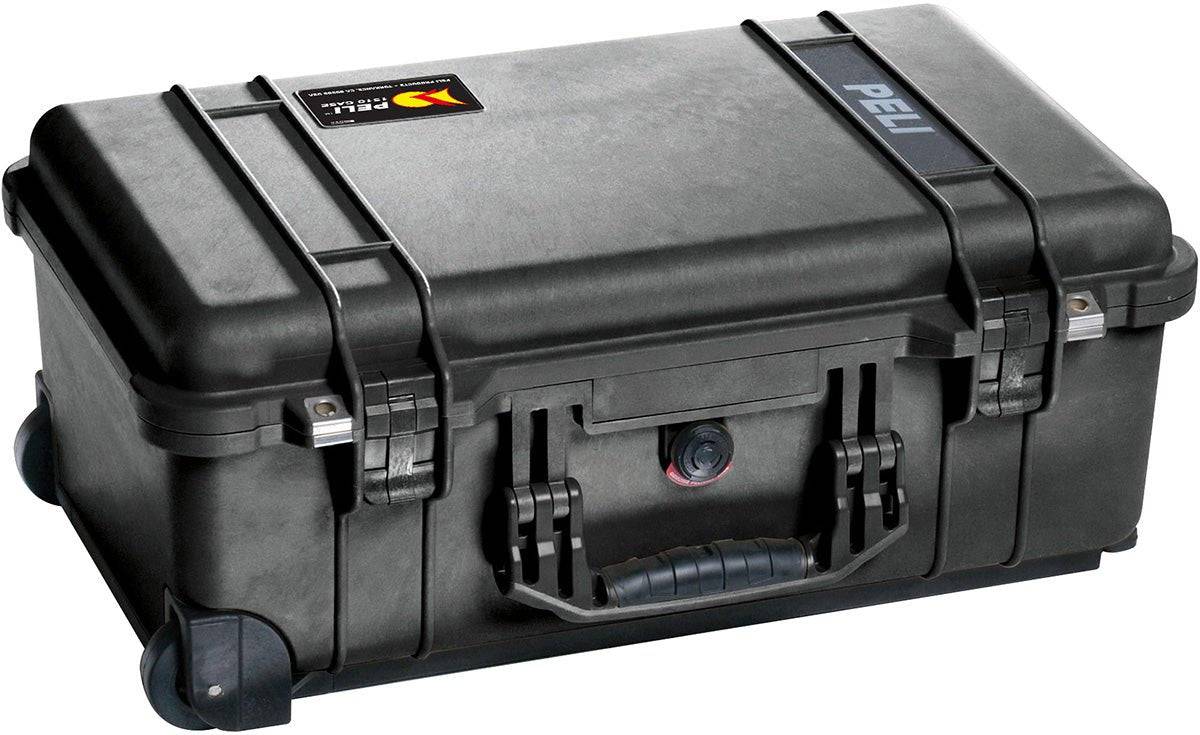 The 1510 Protector Carry-On Case is a black, hard-shell case with secure latches, side handles, and wheels, offering military-grade protection for storage and transport at maximum airline carry-on size.