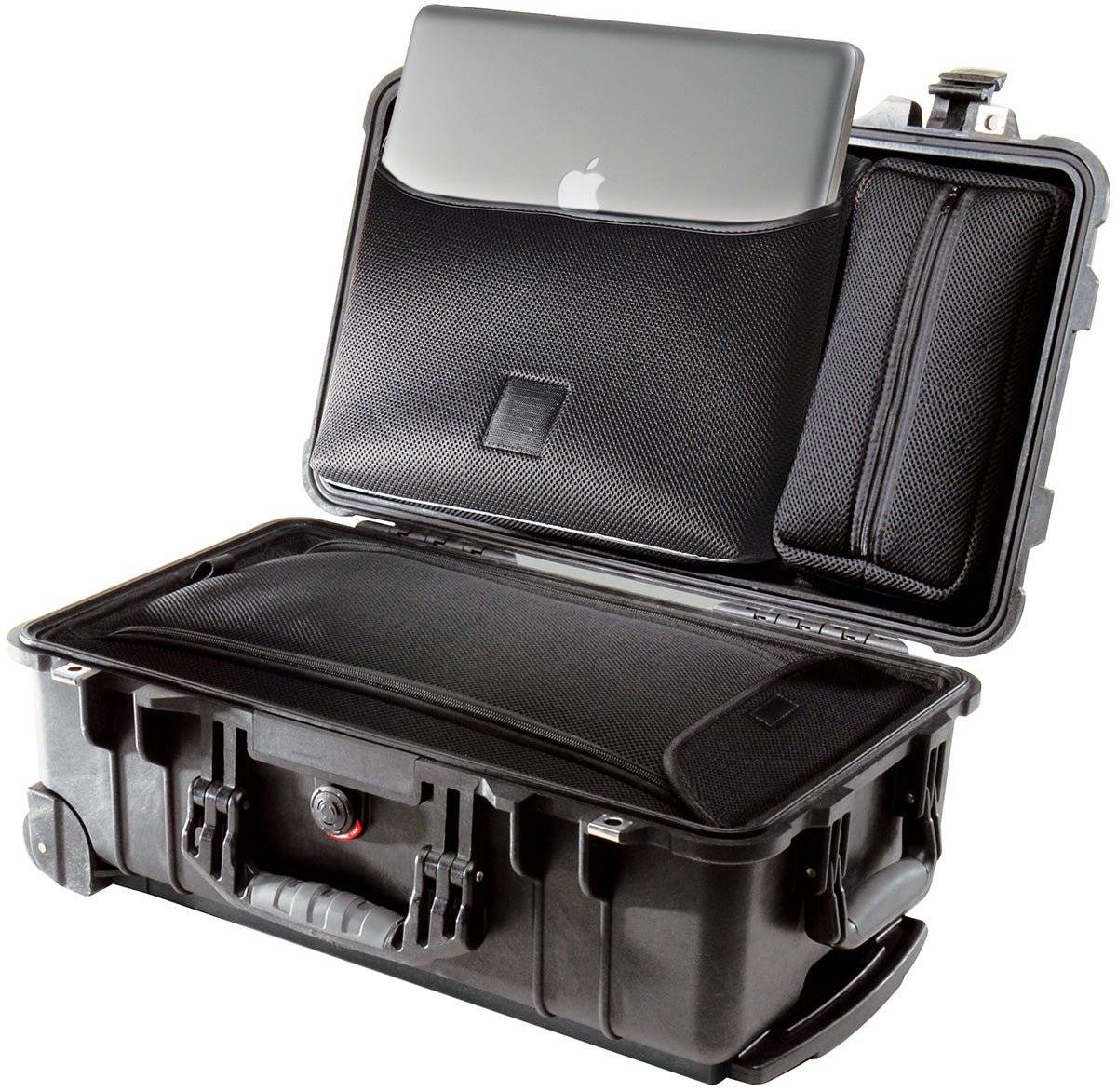 A black 1510LOC Protector Laptop Case is open, displaying a laptop partly stored in the lid compartment, with additional pouches and storage sections visible inside this watertight hard-shell case.