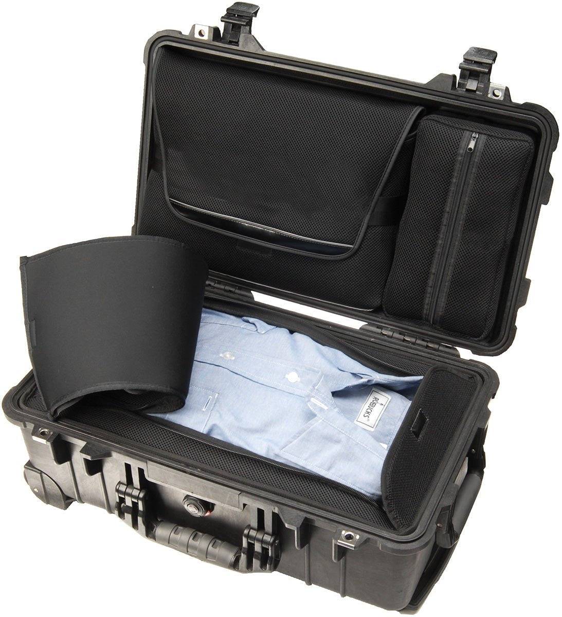 A hard-shell black 1510LOC Protector Laptop Case is open, showing a neatly folded blue dress shirt and black padded divider, with mesh pockets in the lid.