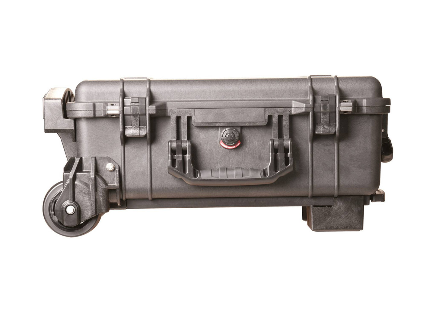 The 1510M Protector Mobility Case is a hard plastic PELI case with secure latches, a handle, water-resistant design, and one visible heavy-duty polyurethane wheel, shown against a white background.