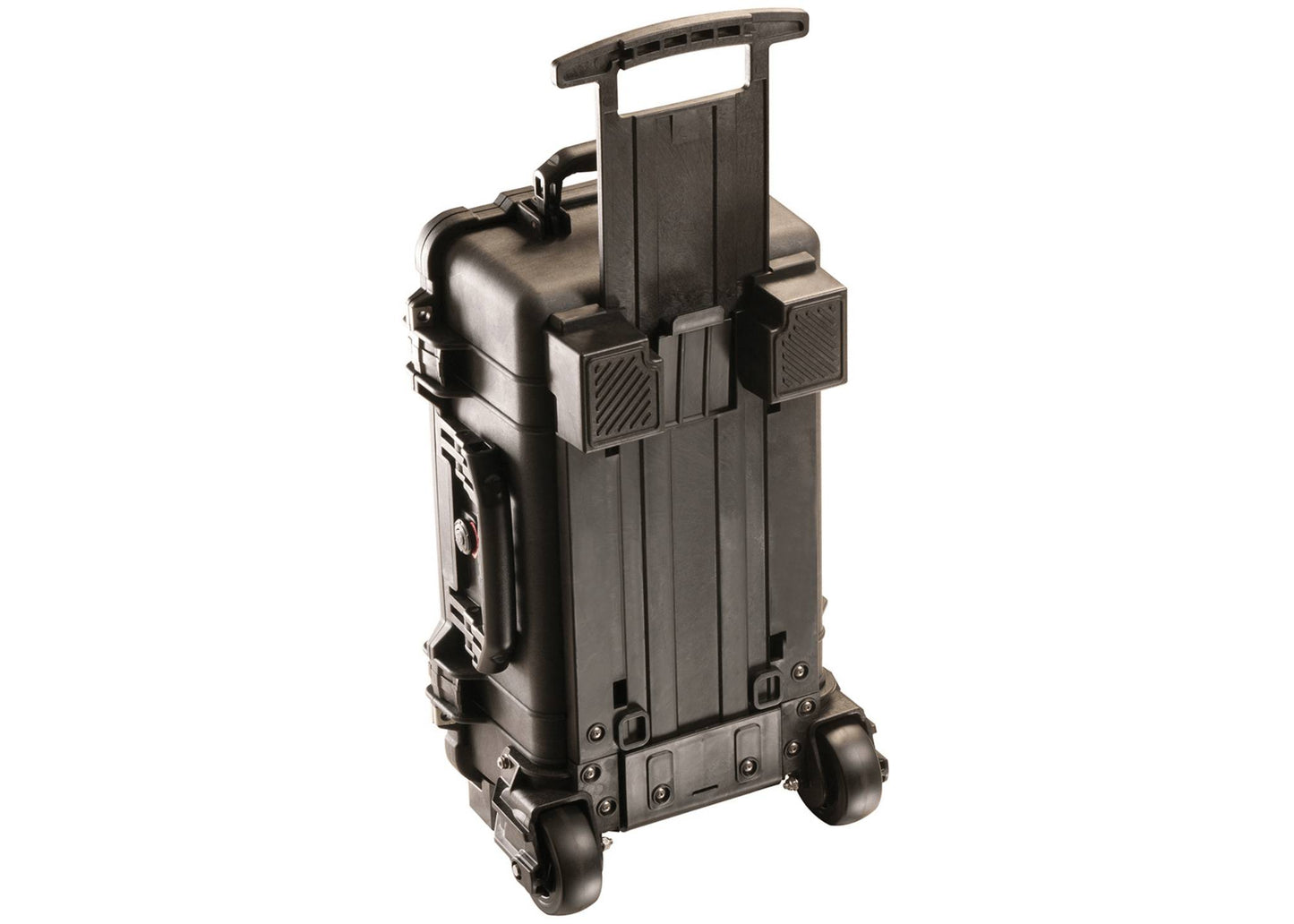 The 1510M Protector Mobility Case is a black, water-resistant hard-shell rolling case with an extended telescoping handle and two heavy-duty polyurethane wheels, shown upright on a white background, offering reliable protection for your gear.