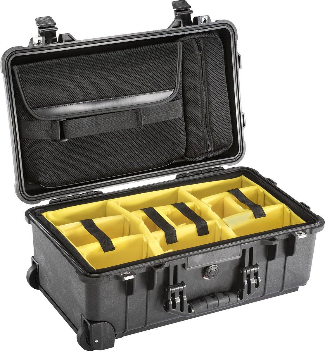 The 1510SC Protector Studio Case is a hard-shell black carrying case with a handle, featuring yellow padded dividers and lid mesh pockets; it's watertight and perfect for safely organizing and transporting equipment.