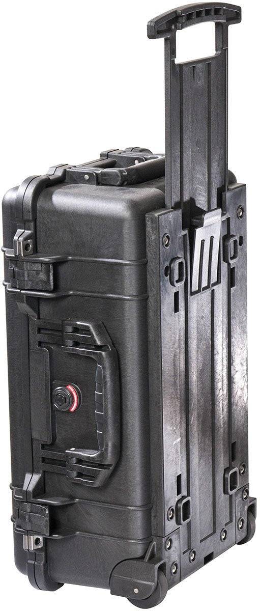The 1510SC Protector Studio Case is a rugged, hard-shell black laptop case with a telescoping handle, reinforced corners, two wheels, and watertight protection—ideal for safe travel.