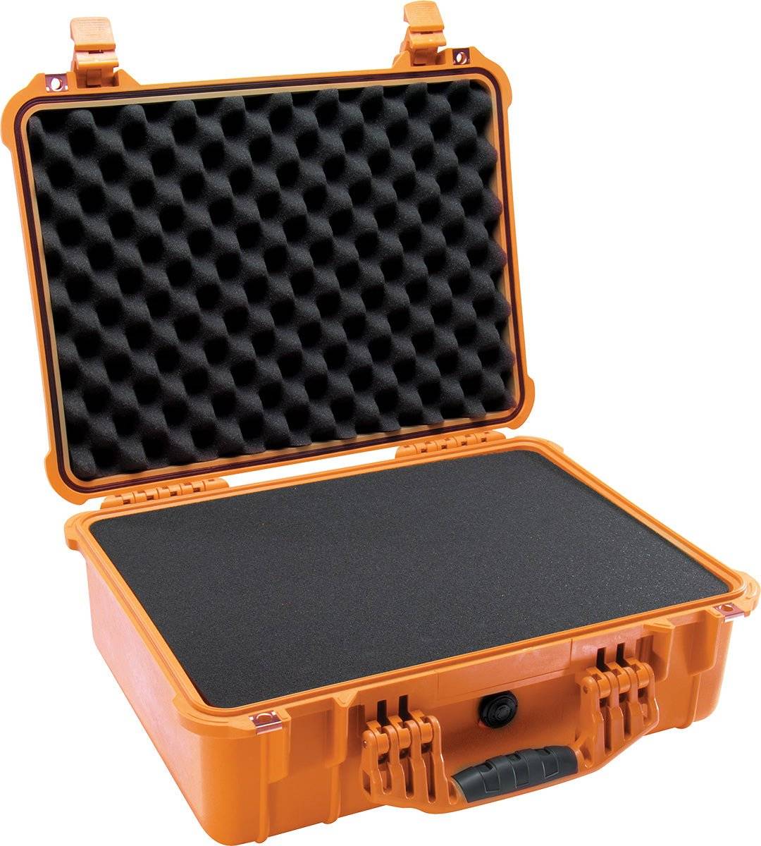 The open orange 1520EU Protector Case has crushproof hard plastic, egg-crate foam in the lid, and flat foam in the base—perfect as a protective, watertight case for sensitive gear.