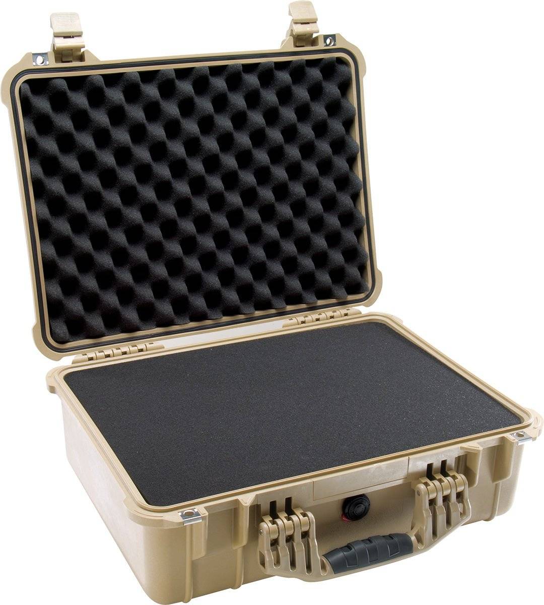 A tan 1520EU Protector Case with a hard shell and open lid reveals black foam padding inside. This crushproof case provides reliable protection for your valuables.