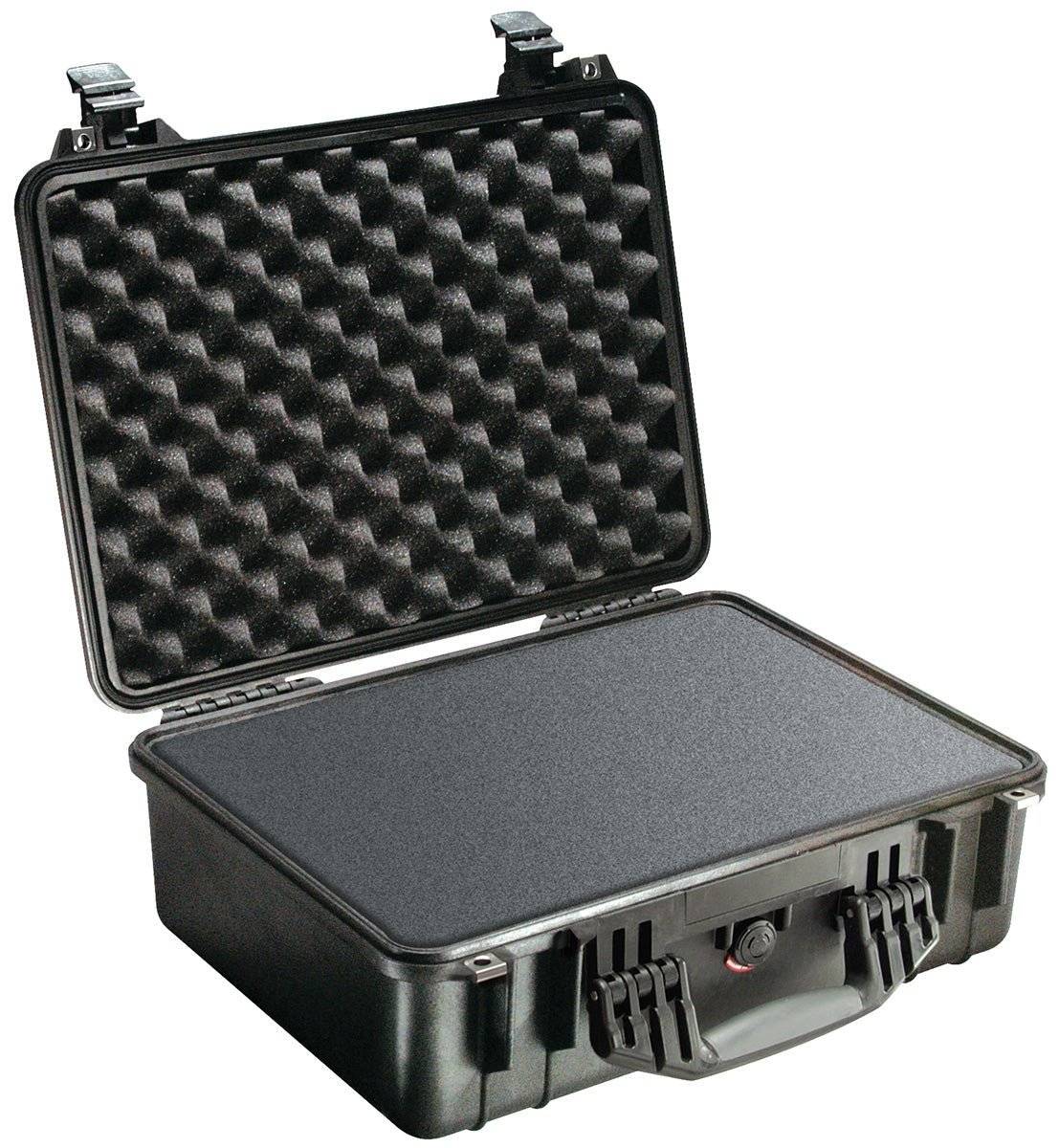 The black 1520EU Protector Case by PELI, shown open with foam padding, front latches, and rear hinges, is crushproof and provides reliable protection for your gear.