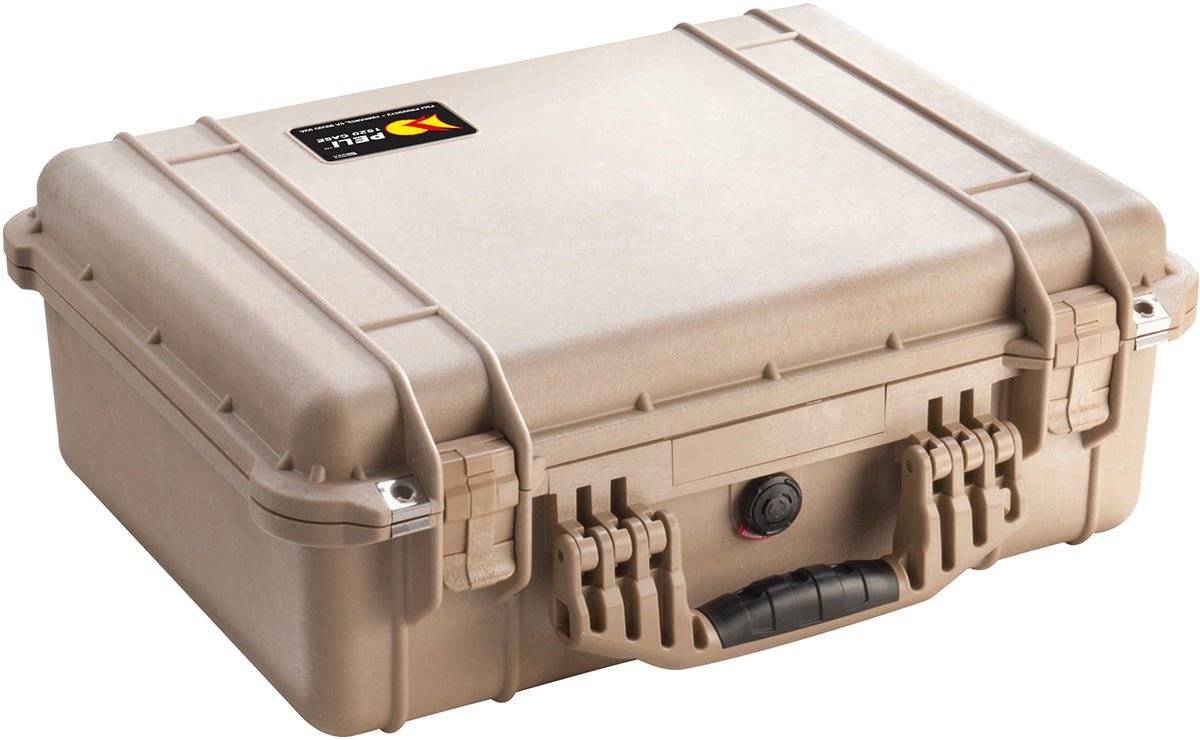 A closed, tan 1520EU Protector Case with sturdy latches, black handle, and a small label on top—this crushproof case offers maximum protection for your gear.