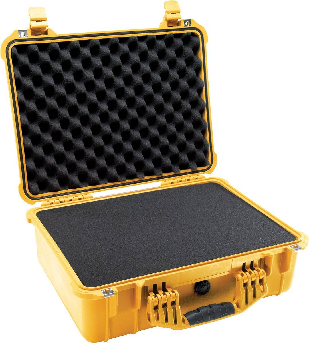 An open yellow 1520EU Protector Case reveals black foam padding inside the lid and base of this durable, watertight case.