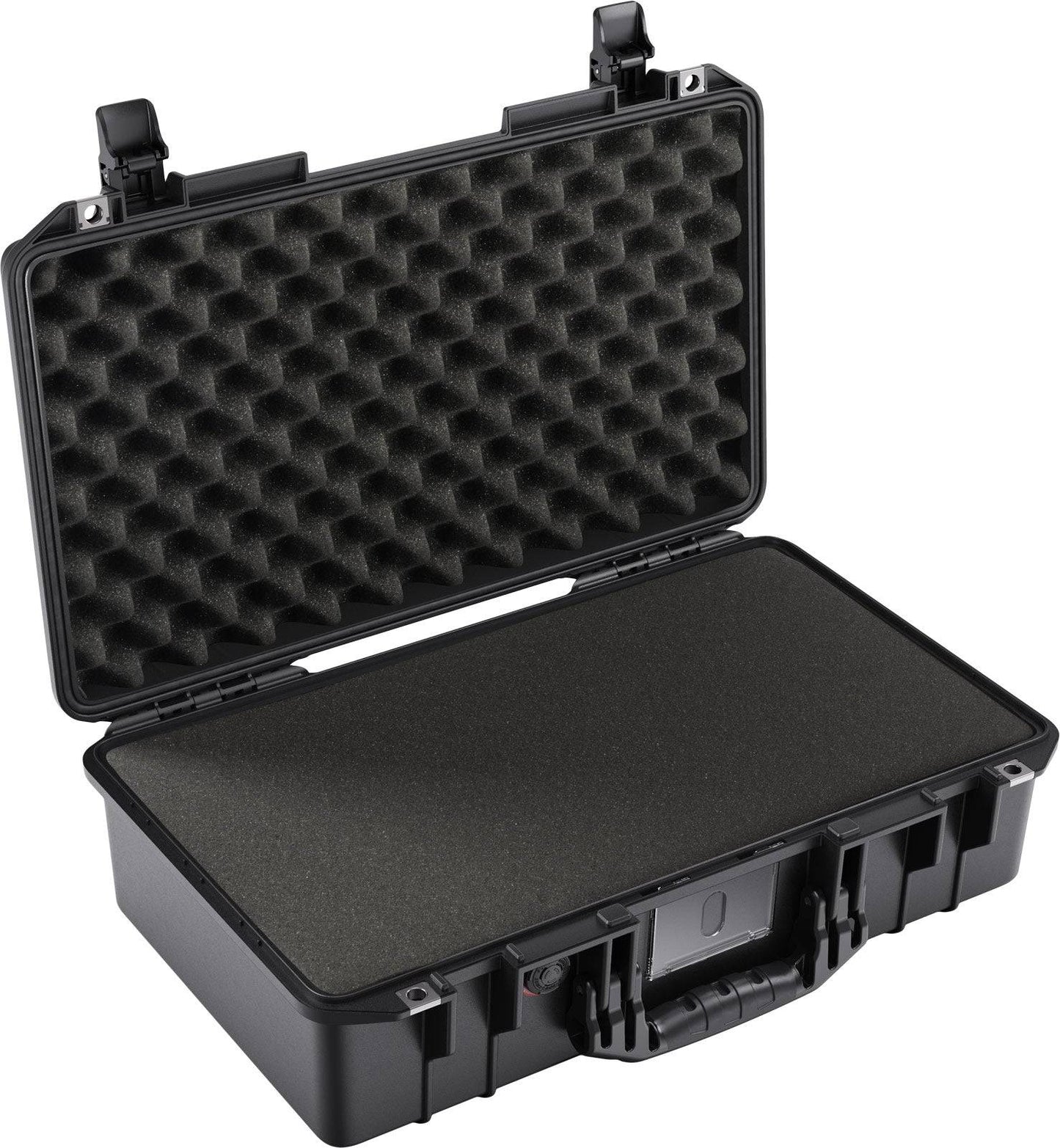 The 1525 Air Case is a black, lightweight polymer case with egg-crate foam in the lid, flat foam in the base, two latches, a handle, and durable construction to securely transport your valuables.