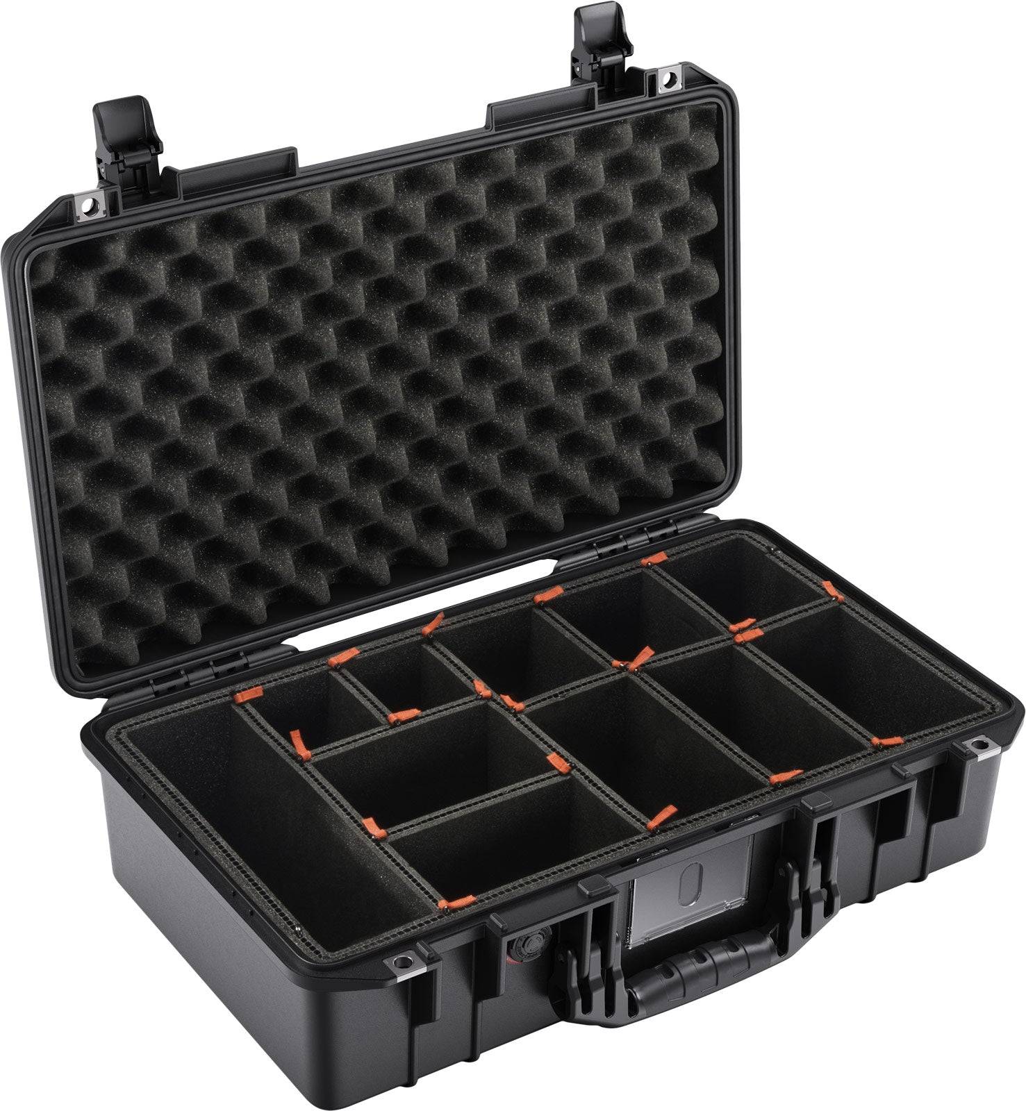 The 1525 Air Case is a black lightweight polymer hard-shell case with an open lid, foam padding, and adjustable interior dividers for multiple organized compartments and reliable protection.