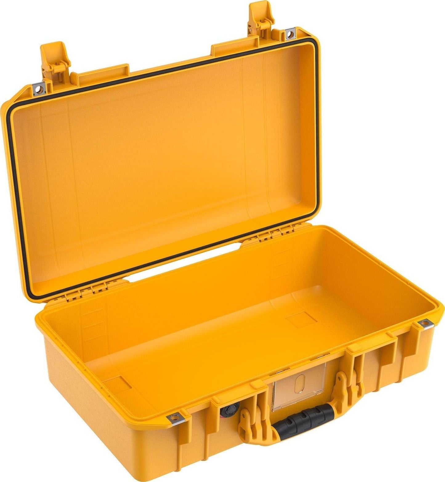 The yellow 1525 Air Case, made from lightweight polymer, is shown empty with its hinged lid open, two latches, and a black handle. This waterproof case provides reliable protection for your valuables.