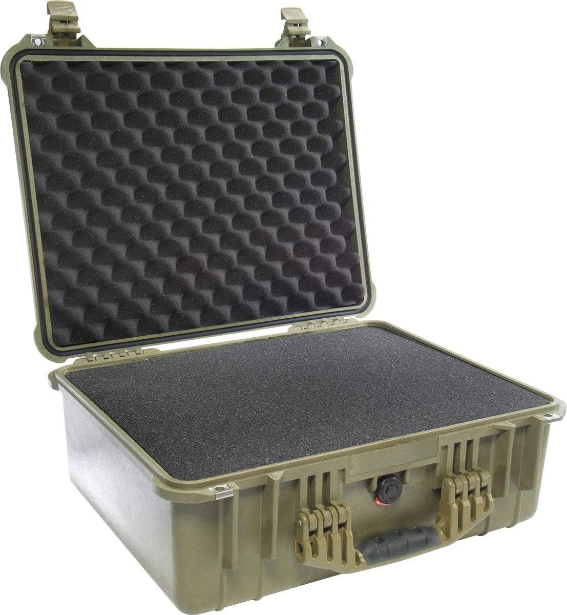 The PELI 1550EU Protector Case features internal foam padding, a textured lid, secure latches, and a transport handle—perfect as a crushproof case for reliable protection.