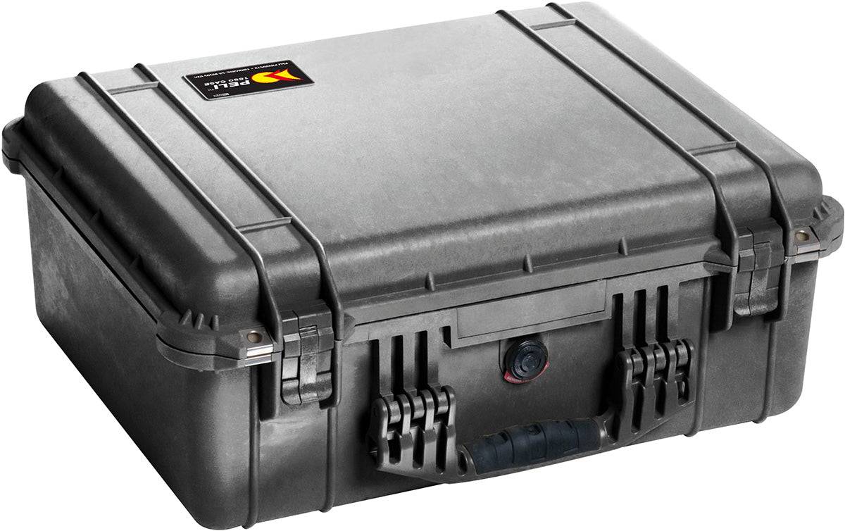 The black 1550EU Protector Case features a closed, hard shell with a handle, secure latches, and a small top-left label; this crushproof case ensures maximum protection for your gear.