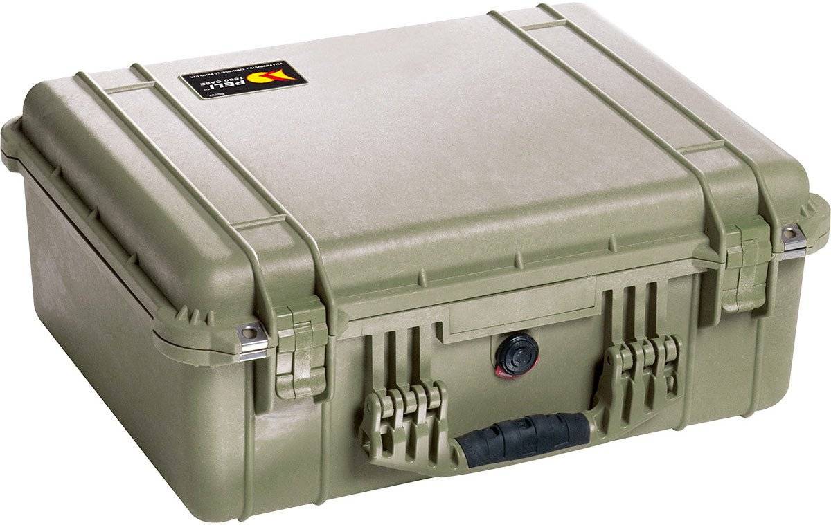 The olive green 1550EU Protector Case features a closed, hard-shell design with reinforced corners, a black handle, and front latch system—this crushproof case keeps your gear safe in any situation.