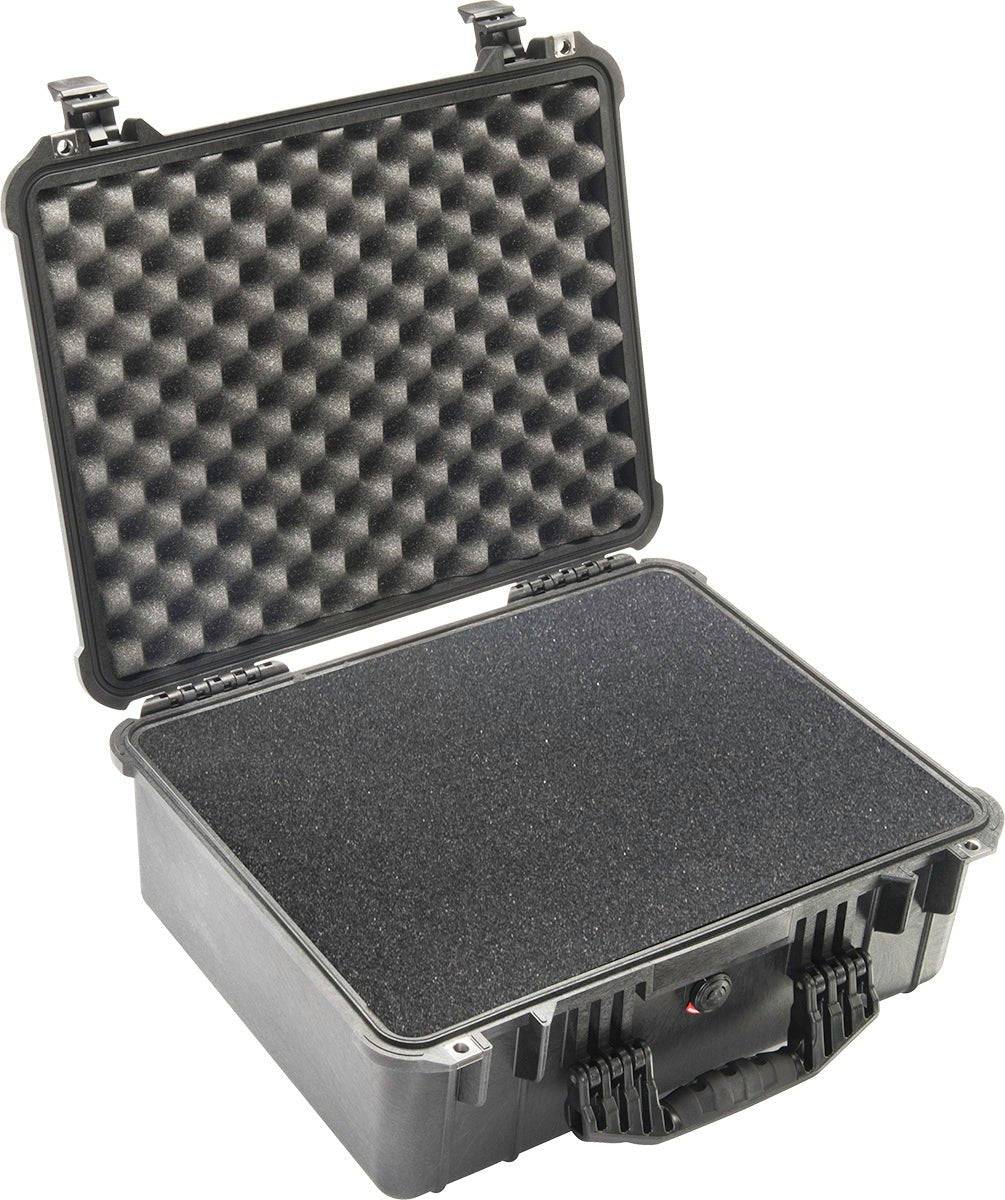 The 1550EU Protector Case is a hard plastic PELI case with foam padding and an open lid, designed to be crushproof for safe transport and protection of sensitive equipment.