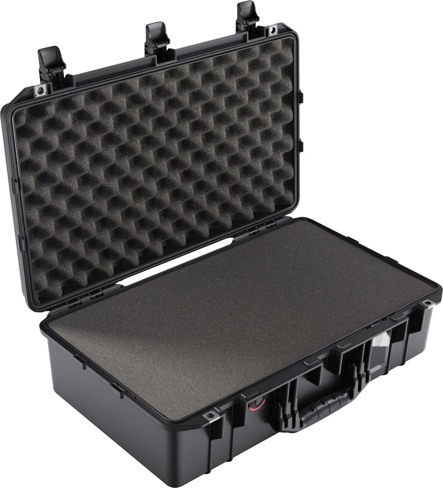The 1555 Air Case is a black PELI Air waterproof hard shell with an open lid, egg crate foam in the lid, and flat foam in the base for maximum protection.