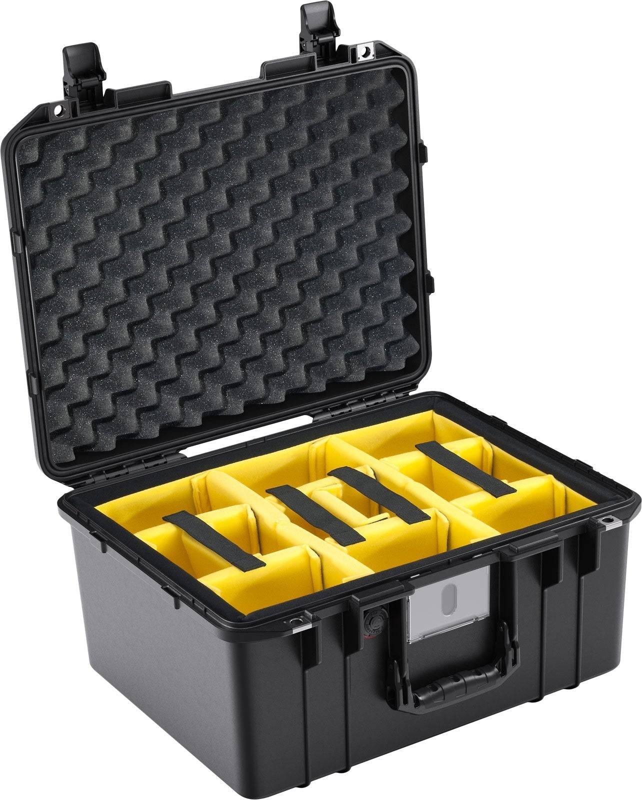 The 1557 Air Case features an open black polymer body with a foam-padded interior and yellow foam compartments, offering lightweight waterproof protection for secure storage.