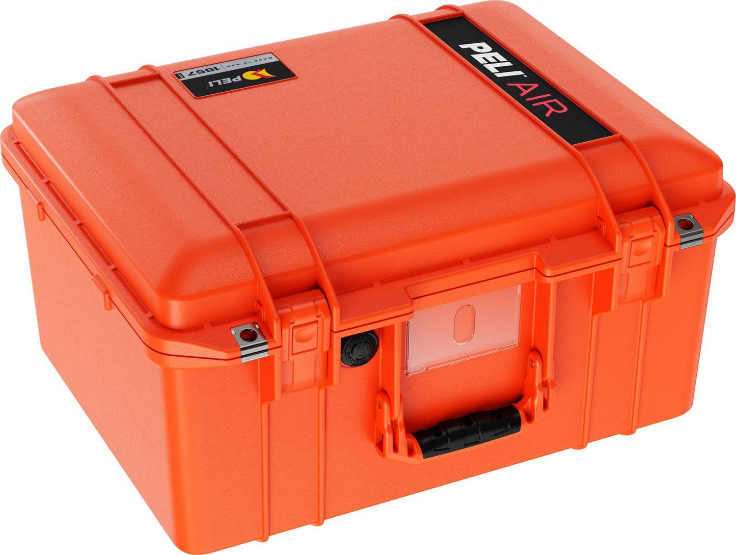 A closed orange 1557 Air Case, a waterproof PELI protective case with a handle and secure latches, is shown on a white background.
