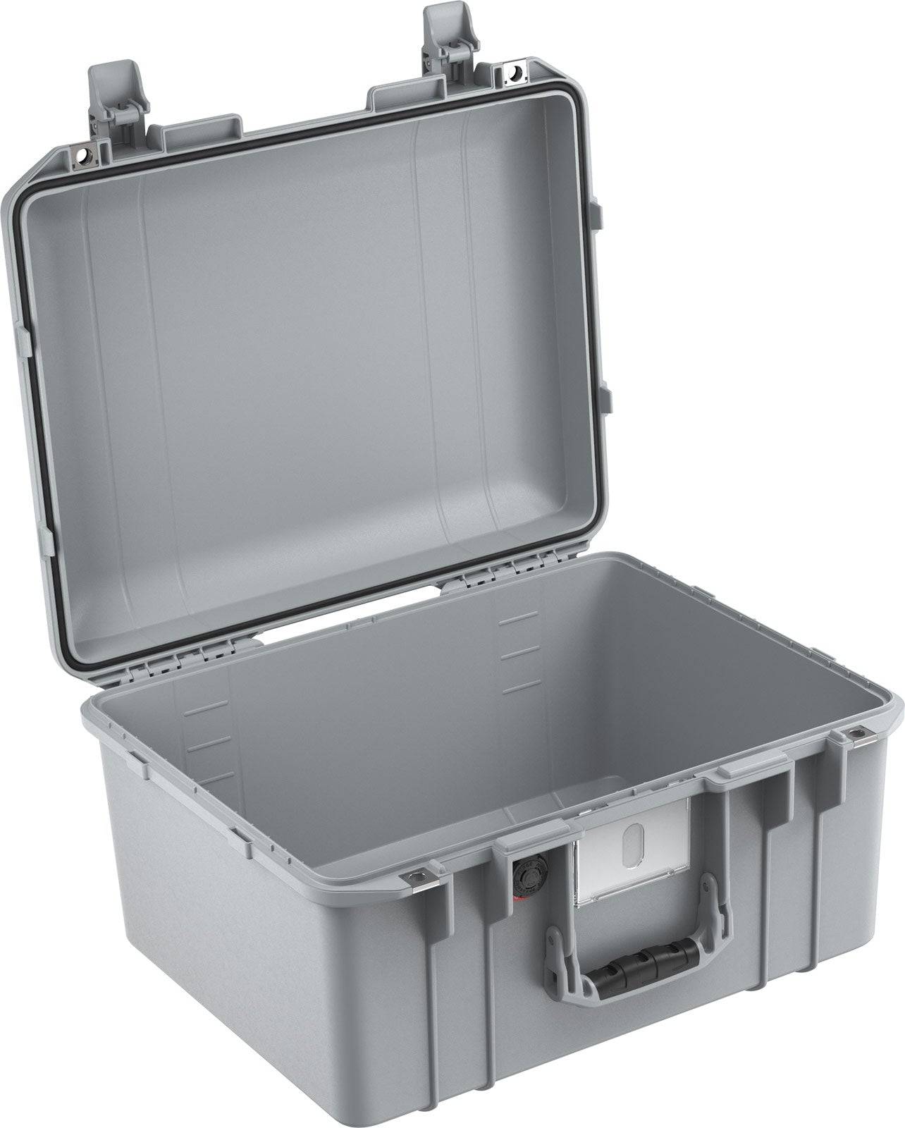 The 1557 Air Case is a large, empty, gray lightweight polymer case with its hinged lid open, showing a spacious interior and side latches.
