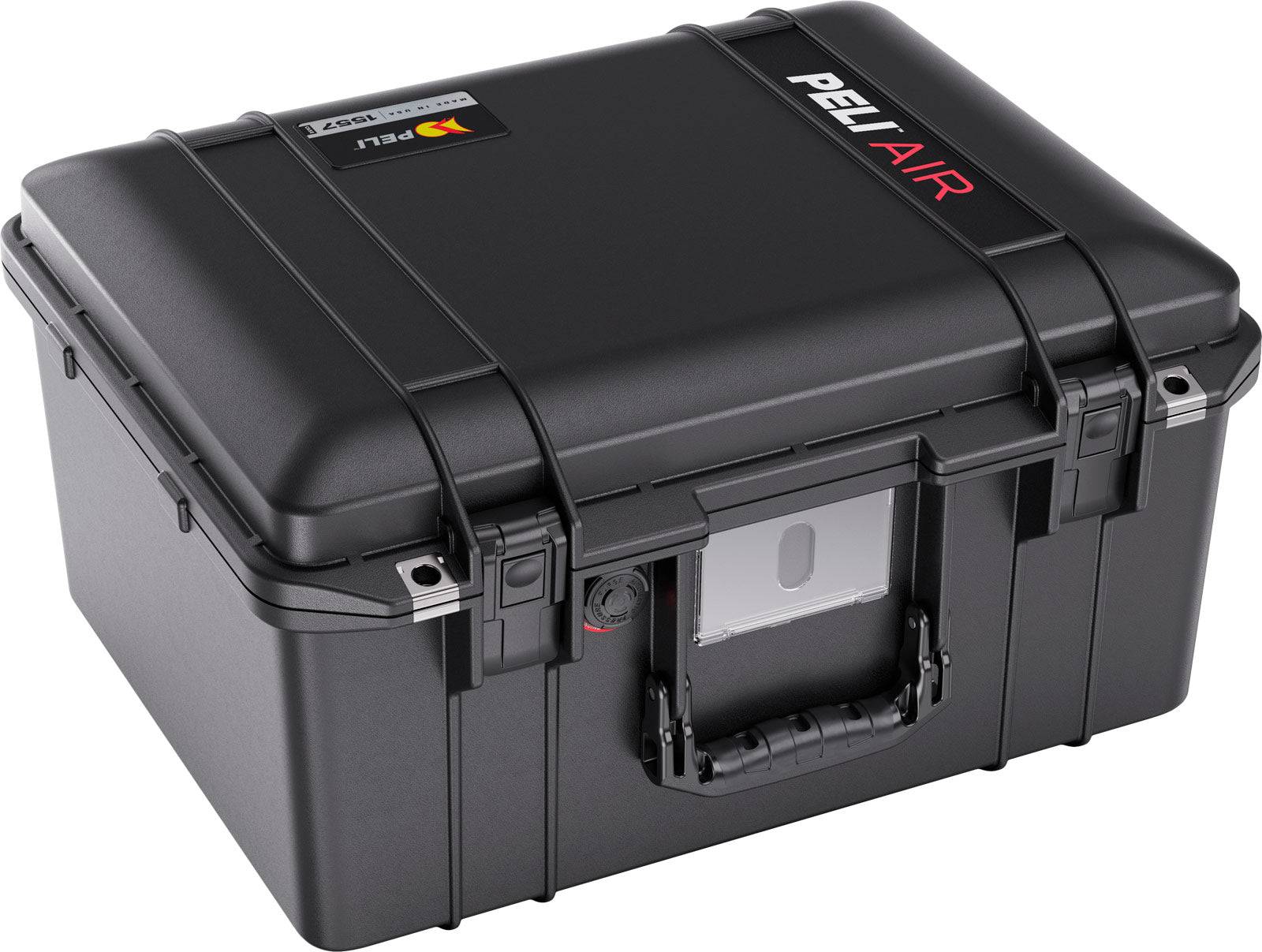 A black 1557 Air Case, made of lightweight polymer, featuring a handle, secure latches, and a front label slot; shown closed and angled.