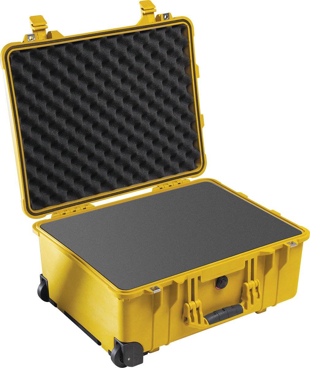 A yellow 1560 Protector Case with a hard-shell exterior, black foam interior, and wheels is shown open and empty. This crushproof case provides robust protection for your gear.