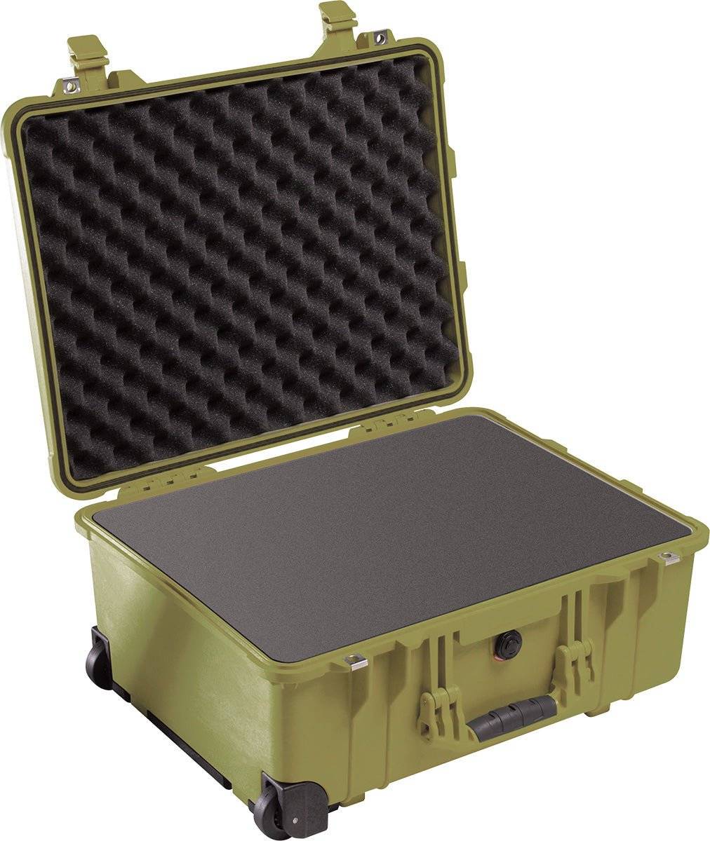 The 1560 Protector Case is shown open and empty, featuring foam padding, wheels, and latches for secure, crushproof transport.